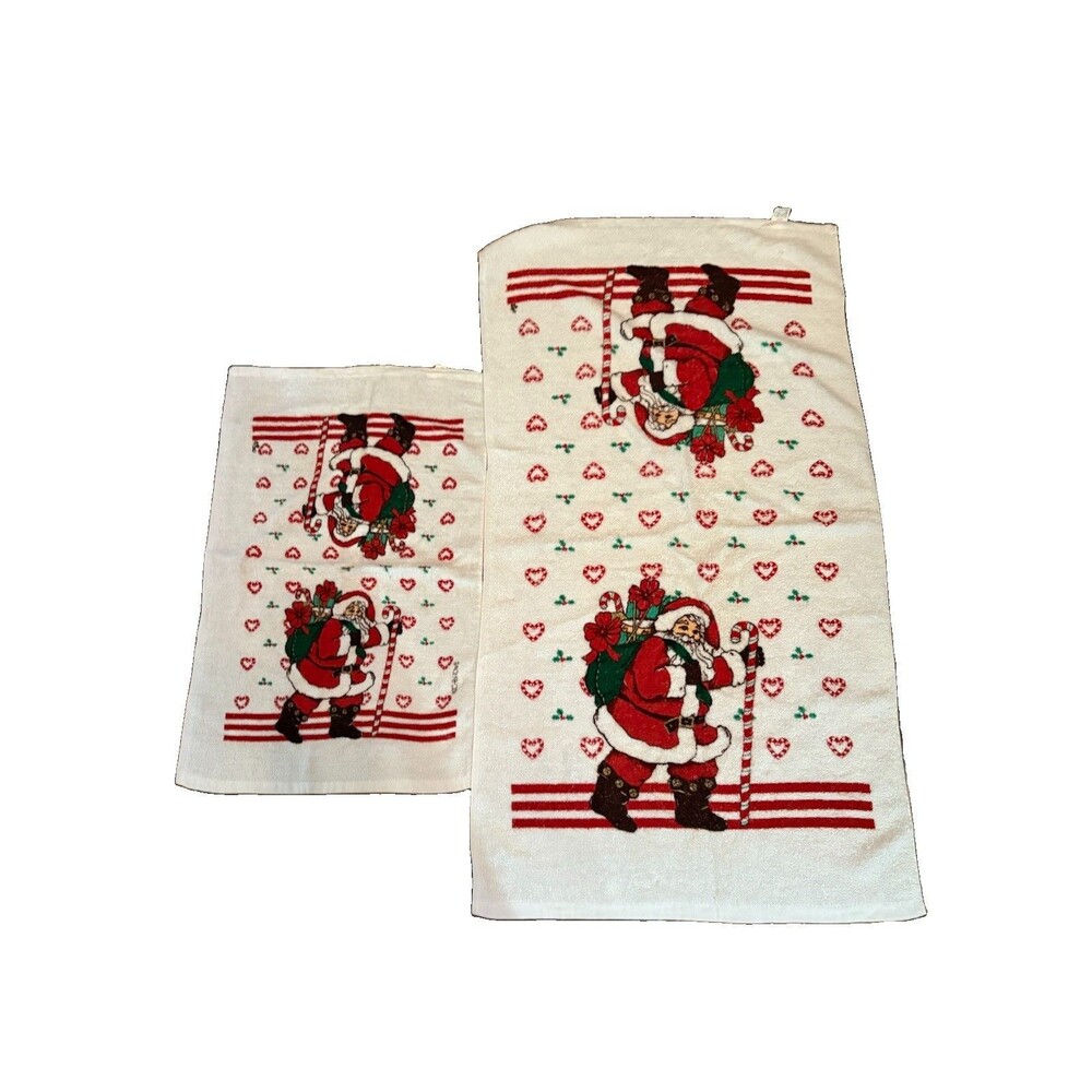 Vintage Cecil Saydah Christmas Bath Hand Towel Set Santa Claus Retro Cotton 2pc